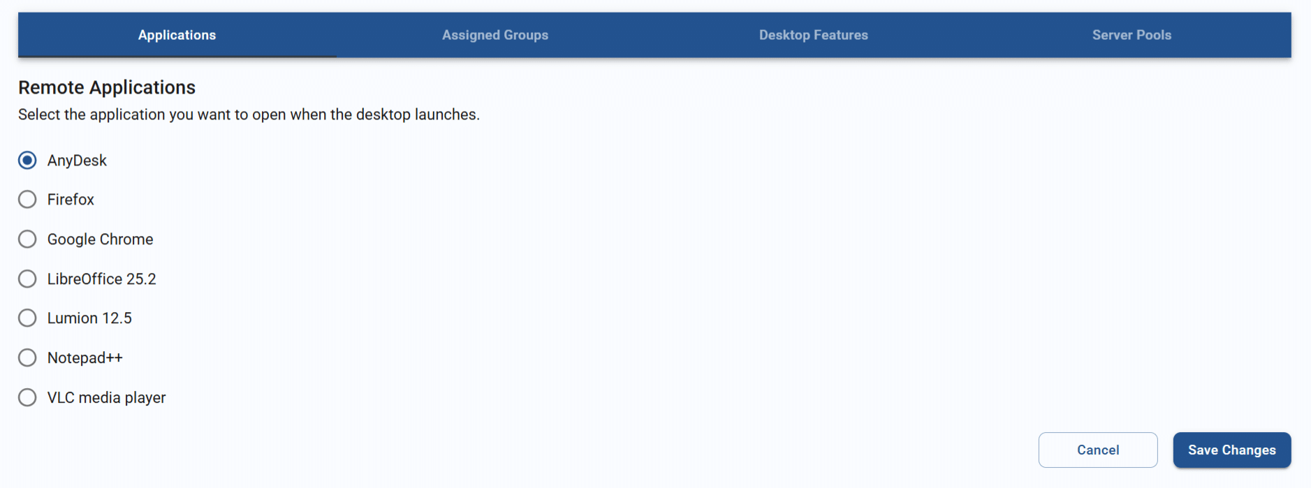 remote applications list in the applications tab