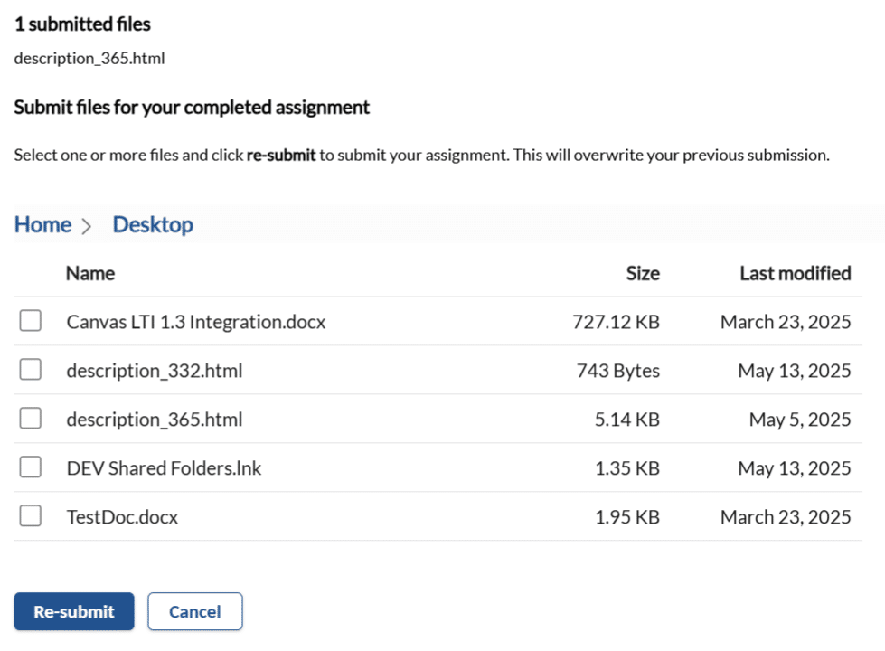 re-submission option for an assignment, including file browser