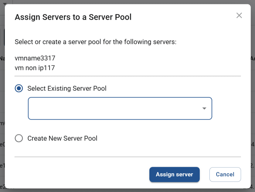 assign servers to a server pool pop-up screen