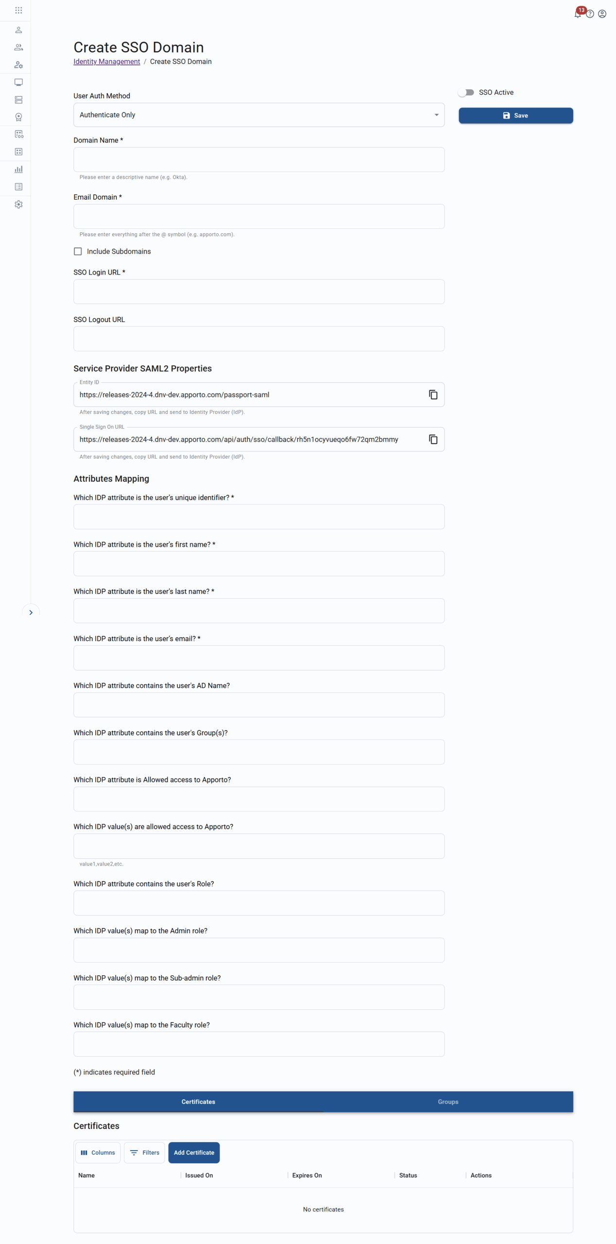 create single sign-on domain screen