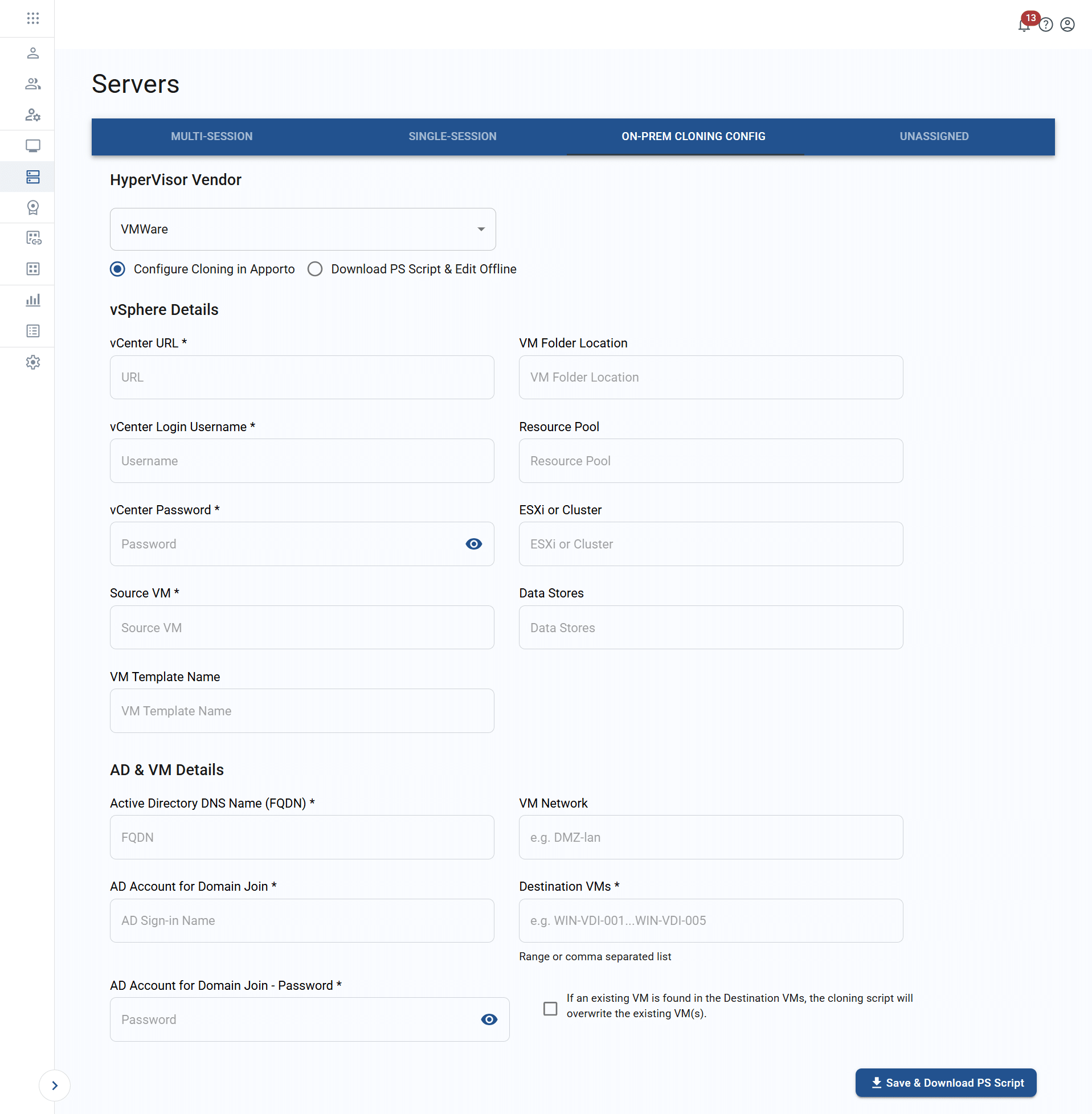 on-prem cloning config tab on the servers screen