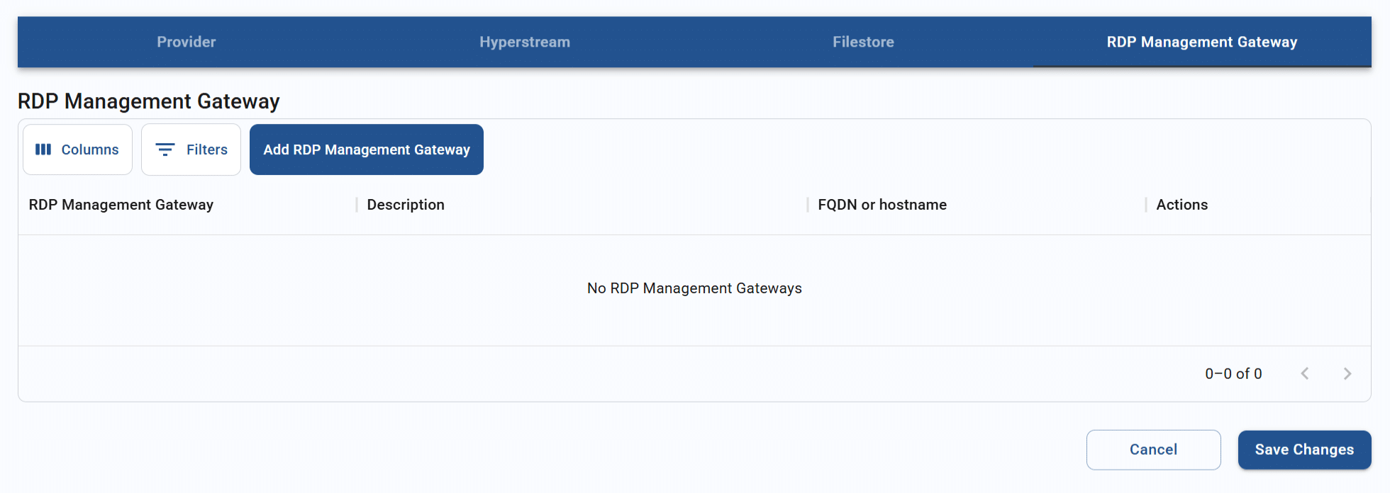 RDP management gateway tab on a resource hub