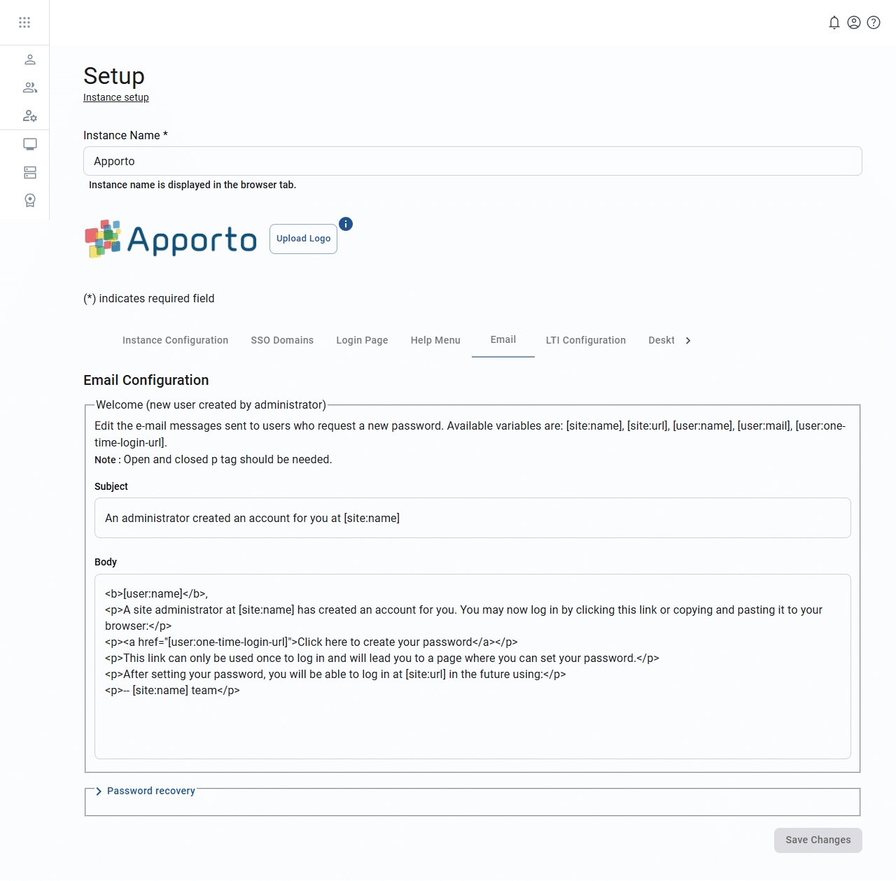 email tab of the setup screen