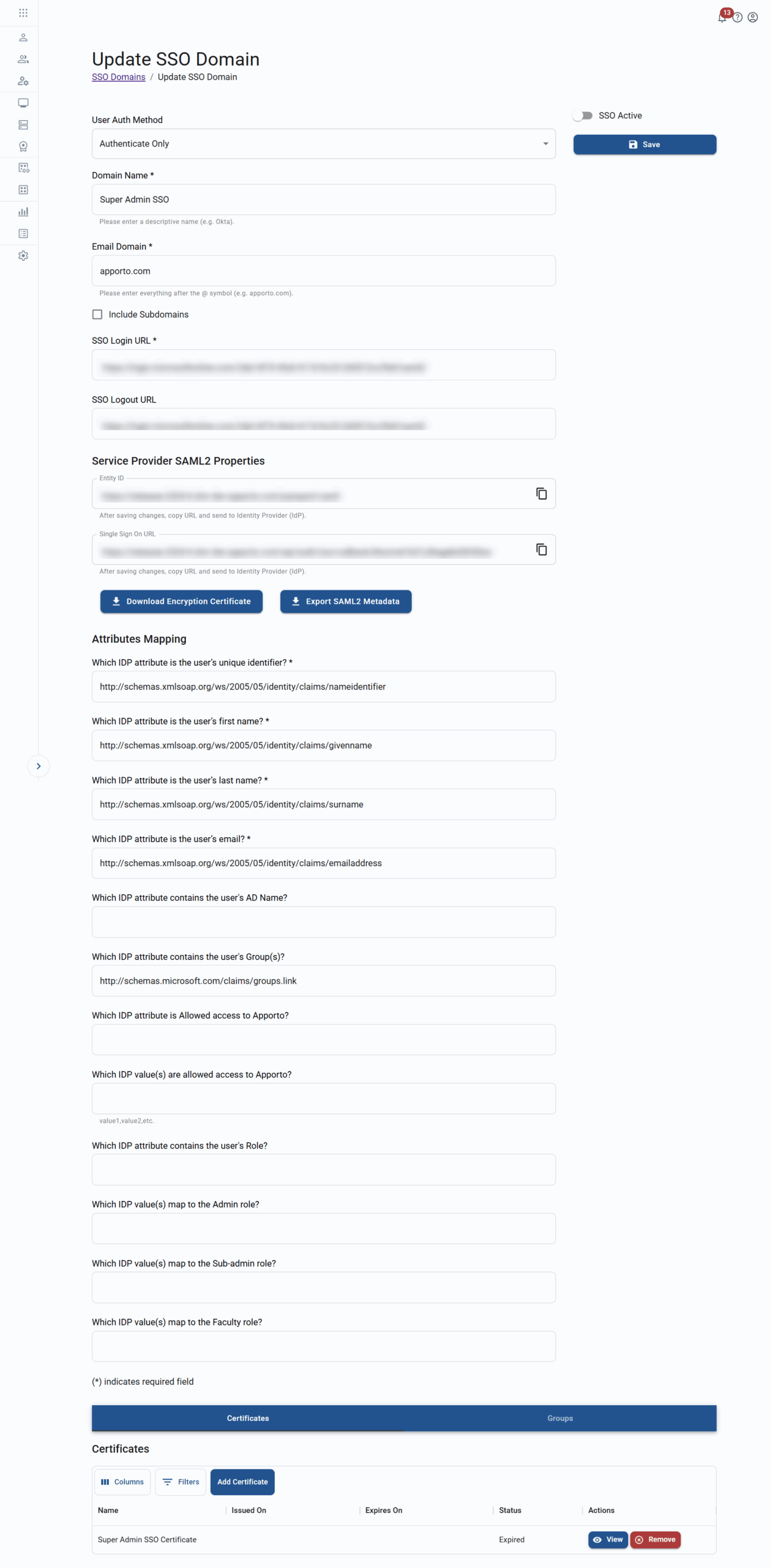 update single sign-on domain screen